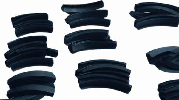 Robot joint rubber clamp pads, curved non-slip black elastomer segments, used for secure humanoid robot joint protection and grip enhancement.