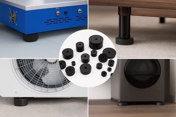 Rubber bumpers used as vibration damping feet for furniture, appliances, and industrial machines, protecting surfaces and reducing noise.