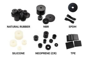 Comparison of rubber bumpers made from natural rubber, NBR, EPDM, silicone, neoprene, and TPE, showing different materials for vibration damping applications.
