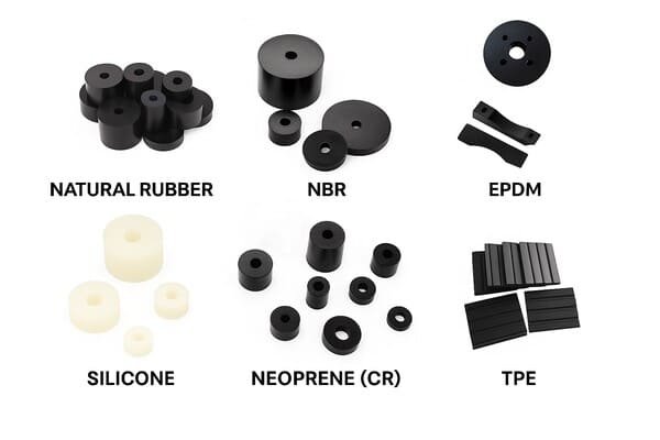 Comparison of rubber bumpers made from natural rubber, NBR, EPDM, silicone, neoprene, and TPE, showing different materials for vibration damping applications.
