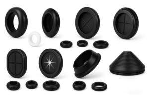 Rubber grommets and sealing plugs in assorted sizes and shapes, including round, slotted, and conical designs, for cable protection and sealing applications.