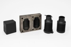 Rubber molding process, steel mold and finished rubber bellows, showing preform, mold cavity, and final molded parts for industrial use.