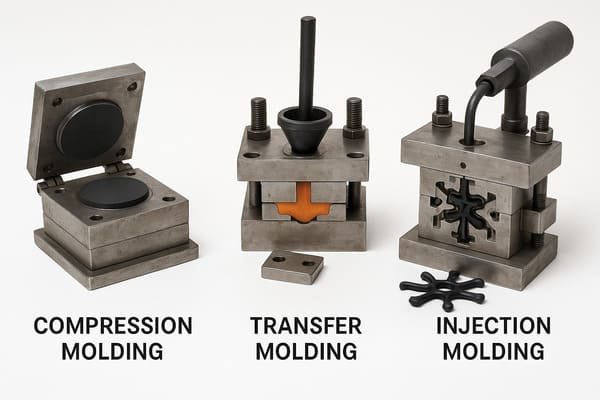 types of rubber molding: compression molding, transfer molding, and injection molding