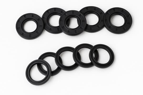 Rubber oil seals, black circular lip seals for machinery shafts, designed to prevent lubricant leakage and block dust and contaminants.