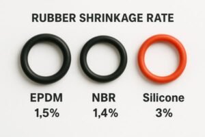Rubber O-ring shrinkage rate chart, EPDM 1.5%, NBR 1.4%, silicone 3%, material comparison with black and red O-rings, white background
