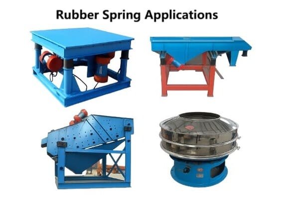Rubber spring applications in industrial machinery, including vibrating screen, conveyor, sifter and vibration platform for shock absorption and noise reduction.