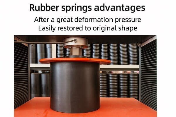 Rubber spring under compression test, showing deformation resistance and quick recovery to original shape, demonstrating durability and elasticity.