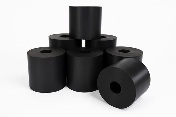 Rubber springs in cylindrical shape with central hole, black industrial elastomer components, stacked for vibration isolation and machinery support.