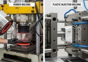 Rubber molding and plastic injection molding process comparison, industrial machines side by side, operator handling rubber part, plastic mold open on machine