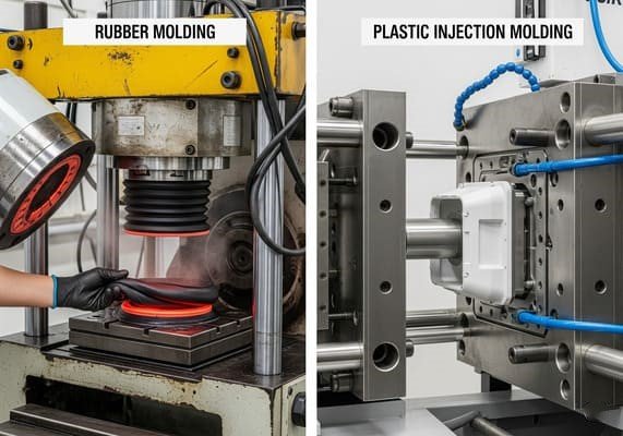 rubber vs plastic molding:Rubber molding uses heat and pressure to cure flexible, elastic materials, while plastic molding shapes rigid or semi-rigid materials by melting and cooling them