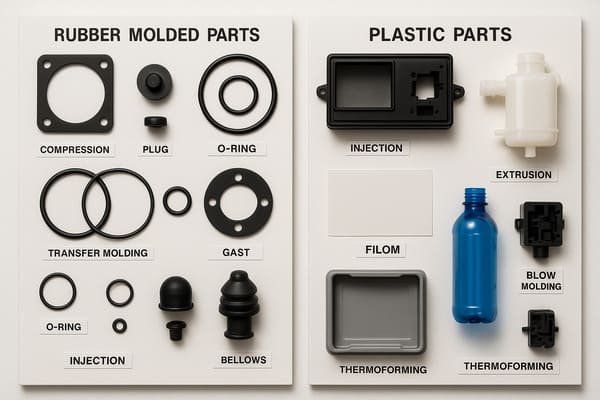 rubber vs plastic part examples:Rubber molded parts are essential for sealing, damping, and flexibility—think O-rings, automotive seals, and vibration isolators. Plastic molded parts are everywhere in casings, clips, fasteners, bottles