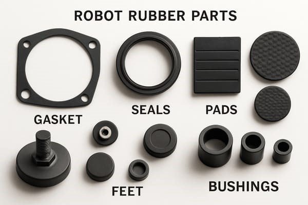 Collection of robot rubber parts including gaskets, seals, pads, feet, and bushings, displayed with labels, showcasing various shapes and sizes for different robotic applications.