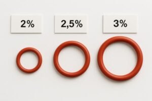 Silicone O-ring shrinkage rate chart, three red O-rings labeled 2%, 2.5%, 3%, visual comparison of different shrinkage percentages, white background