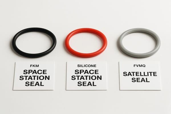 Space station and satellite O-rings, FKM, silicone, and FVMQ, each labeled for specific sealing use in space environments