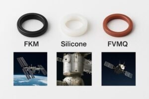 FKM, silicone, and FVMQ O-rings displayed above images of the International Space Station and satellites, illustrating aerospace seal applications.