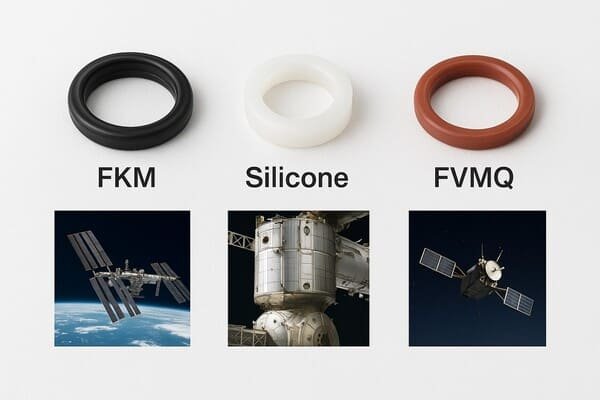 FKM, silicone, and FVMQ O-rings displayed above images of the International Space Station and satellites, illustrating aerospace seal applications.