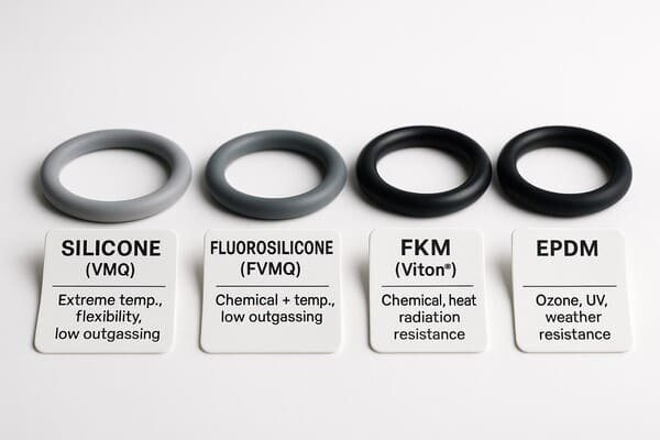 Space-grade O-rings, including silicone, fluorosilicone, FKM, and EPDM, each labeled with key properties for aerospace sealing