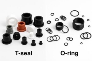 T-seal vs O-ring comparison, assorted rubber and polymer sealing rings in various sizes, highlighting design differences for hydraulic and pneumatic sealing.