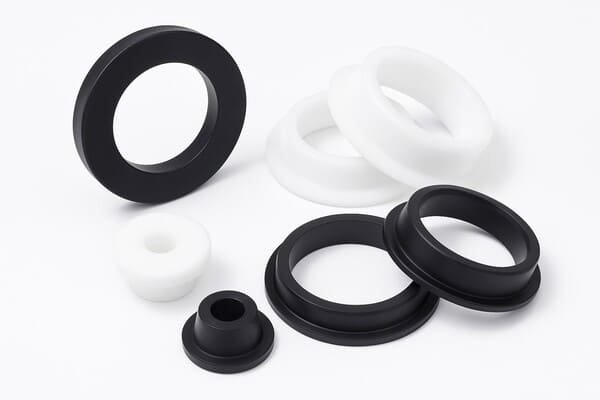 T-seals in black and white, polymer sealing rings with reinforced lips, designed for hydraulic and pneumatic cylinder applications to prevent leakage.
