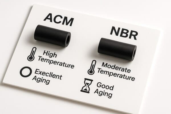 ACM vs NBR rubber, high temperature and aging resistance comparison, black rubber samples on white test board.