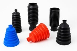 Various CV joint boot types in black, blue, and red rubber, showcasing material and design options for specific vehicle and performance needs.