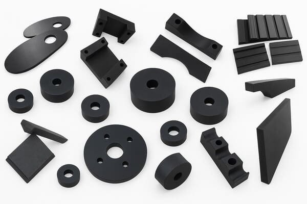Various types of custom rubber bumpers in different shapes and sizes, including cylindrical, rectangular, and slotted designs for industrial protection and damping.