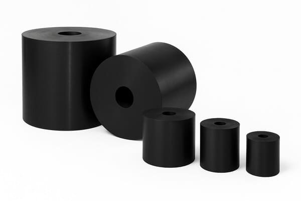 Different sizes of cylindrical rubber springs with central holes, black elastomer vibration isolators for machinery and industrial damping applications.