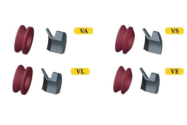 Types of rubber V-rings including VA, VS, VL, and VE profiles, cross-section and side view illustrations showing seal designs.