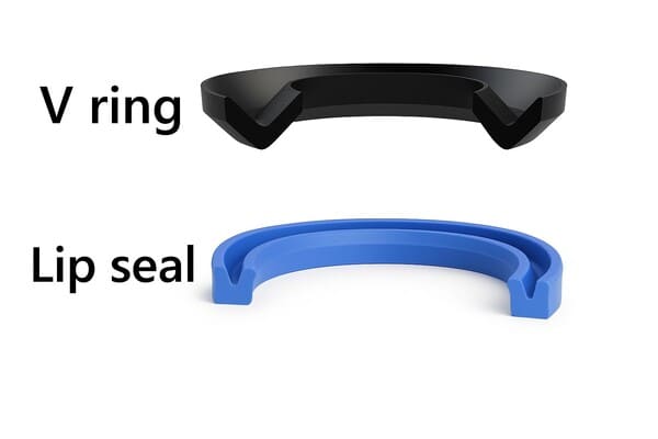 Comparison diagram of a black rubber V-ring and a blue lip seal, both shown in cross-section, highlighting the V-ring’s conical lip design versus the lip seal’s enclosed sealing edge.