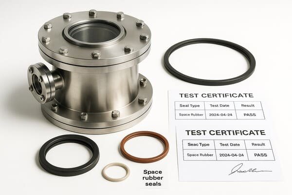 Vacuum chamber with certified space rubber seals and test certificates, showing O-rings for vacuum and extreme temperature resistance in space