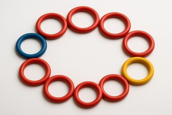 Custom color HNBR O-rings in red, blue, and yellow arranged in a circular layout, showcasing material options for industrial sealing applications.