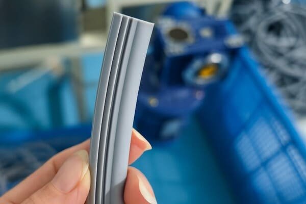 Close-up of custom dishwasher gasket, gray extruded rubber seal strip with multi-channel profile, designed for leak prevention and hygiene in dishwashing equipment.