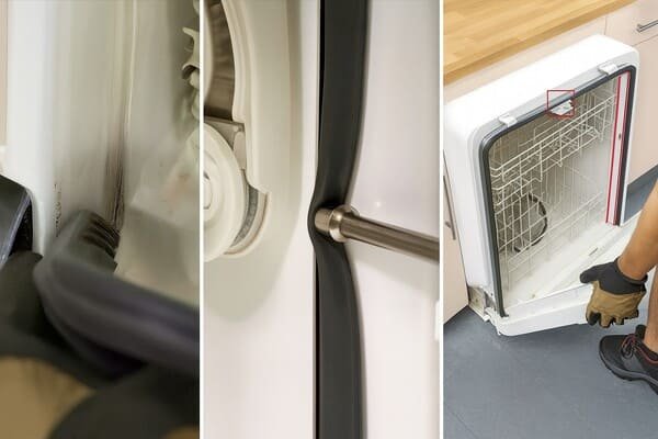 Dishwasher door seal installation, close-up of gasket fitting along door edge, technician replacing rubber seal to ensure leak protection and hygiene compliance.