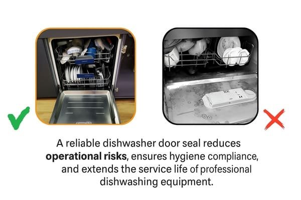 Dishwasher door seal comparison, left shows dry clean dishwasher with intact gasket, right shows leaking dishwasher without proper seal, highlighting leak prevention benefits.