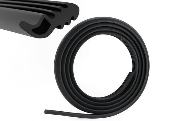 Dishwasher rubber door seal, black rubber extrusion with hollow profile, flexible coiled strip for leak prevention and noise reduction in appliances.