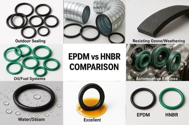 EPDM vs HNBR comparison chart, showing seals for outdoor sealing, oil and fuel systems, automotive engines, water and steam resistance, and ozone/weather durability.