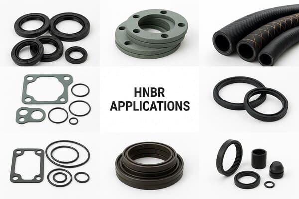 HNBR rubber applications collage, showing black O-rings, green flange gaskets, reinforced hydraulic hoses, engine gaskets, oil seals, and industrial sealing components on white background.