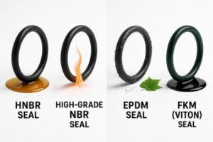 HNBR equivalent materials comparison, showing HNBR seal in oil, high-grade NBR seal with flame, EPDM seal with water drops, and FKM Viton seal with chemical resistance.