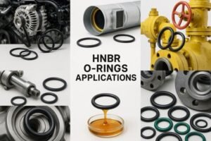 HNBR O-rings applications collage, showing seals in automotive engines, hydraulic systems, pumps, pipelines, and oil-resistant environments.