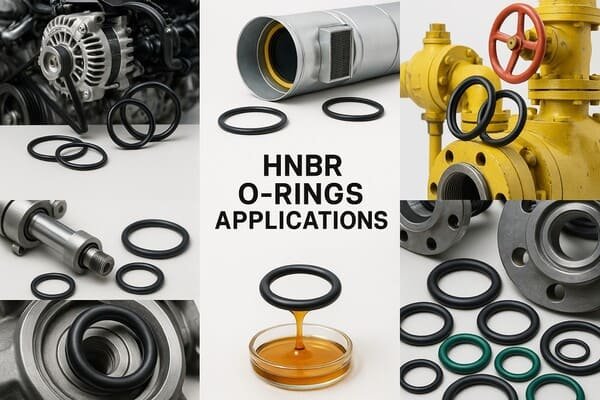 HNBR O-rings applications collage, showing seals in automotive engines, hydraulic systems, pumps, pipelines, and oil-resistant environments.