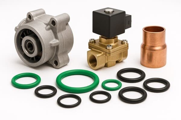 HNBR O-rings in HVAC components, showing green and black seals used with pump, brass valve, and copper fittings for durable sealing applications.