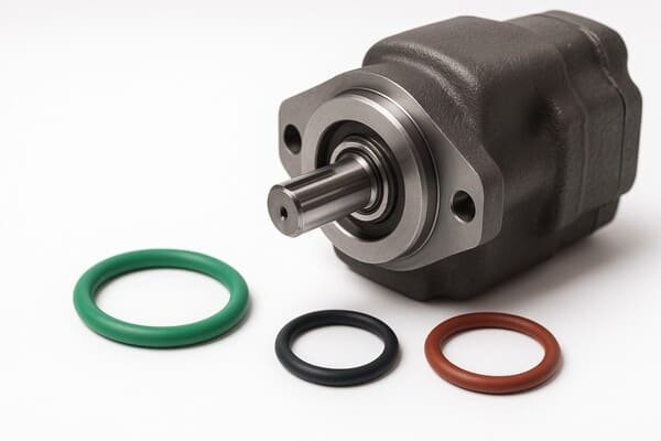 HNBR O-rings in hydraulic applications, showing green, black, and brown seals placed with a metal pump component for industrial sealing solutions.