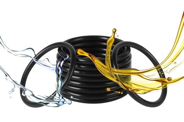 HNBR rubber O-rings in black, arranged in a coil with dynamic splash of water and oil, illustrating high resistance to oil, fuel, and hydraulic fluids.