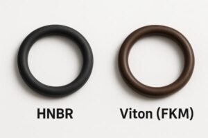 HNBR vs Viton FKM O-rings comparison, black HNBR ring and brown Viton seal side by side on white background for material performance reference.