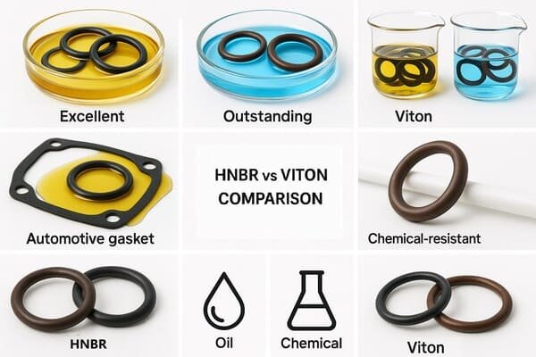 HNBR vs Viton comparison chart, showing O-rings in oil and chemical tests, automotive gasket use, chemical-resistant seals, and performance icons.