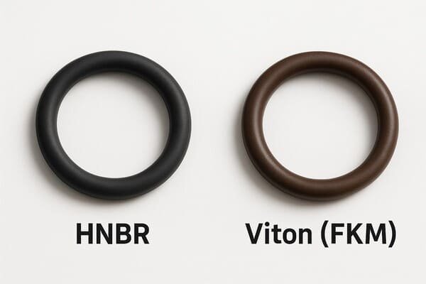 HNBR vs Viton FKM O-rings comparison, black HNBR ring and brown Viton seal side by side on white background for material performance reference.
