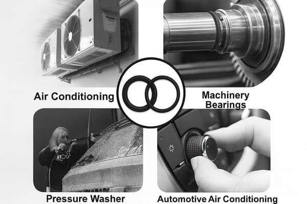 Molded O-ring applications, used in air conditioning units, machinery bearings, pressure washers, and automotive air conditioning systems.