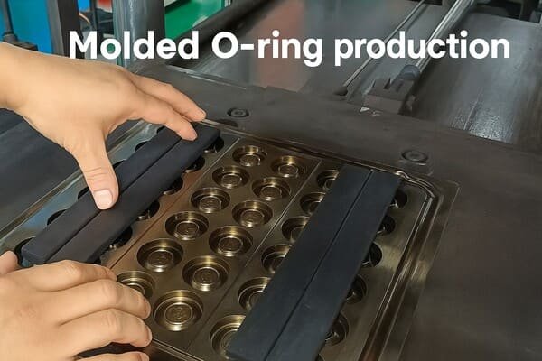 Molded O-ring production, rubber molding machine with multiple cavities, worker placing raw strips into mold for precise sealing rings.
