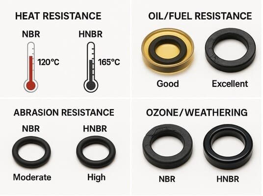 Comparison of NBR vs HNBR seals showing their performance in various properties: [Heat resistance](https://www.martins-rubber.co.uk/blog/guide-to-high-temperature-resistant-rubber-materials/)[^9] (NBR at 120°C vs HNBR at 165°C), oil/fuel resistance (NBR rated good, HNBR rated excellent), abrasion resistance (NBR moderate, HNBR high), and ozone/weathering resistance with images of both seals.