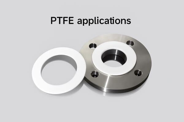 PTFE gasket applications, white PTFE seal ring placed next to stainless steel flange, demonstrating chemical resistance and sealing in industrial piping systems.